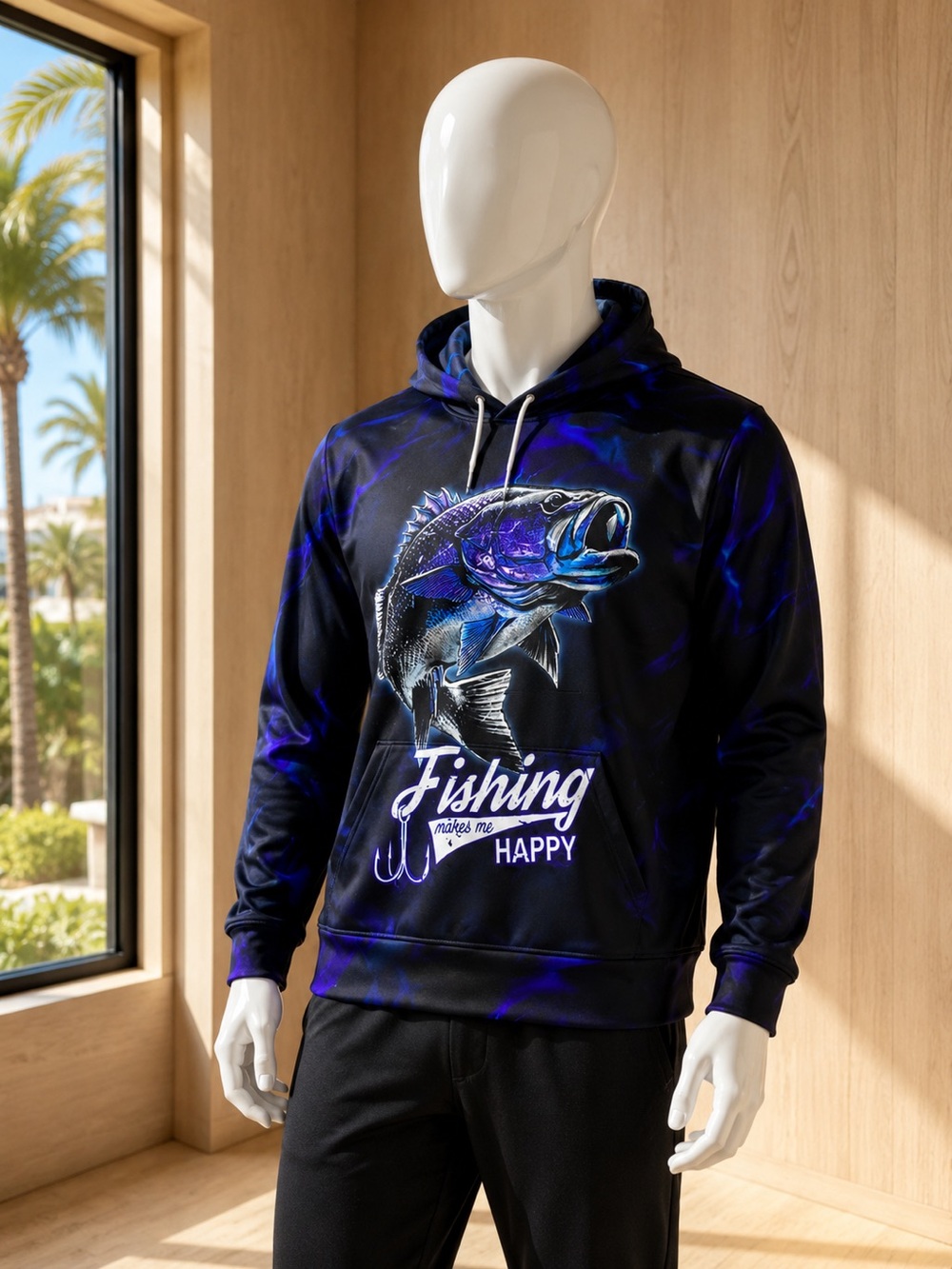 Fishing Hooded Graphic Long Sleeve Men Black Blue Purple 100% Polyester L